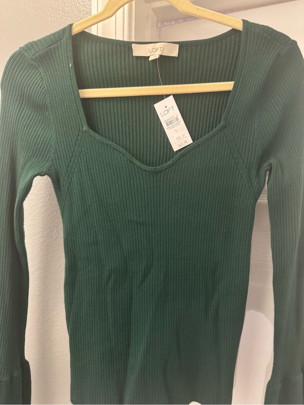 LOFT Women's Ribbed Long-Sleeve Square Neck Top - Forest Green Size Small